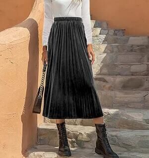Attitude Unknown Pleated A-Line Midi Velvet Skirt High Rise Black Womens Size M